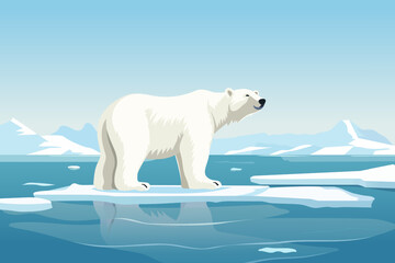 Beautiful polar bear on an ice floe. A polar bear floats on an ice floe against a landscape of large glaciers and icebergs. Vector illustration for postcard, poster, cover or design.