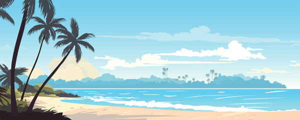 Poster - Beautiful landscape of paradise beach. Sandy tropical beach, sea waves, palm trees, plants and amazing clouds. Beach holiday. Vector illustration for banner, poster, card, cover.