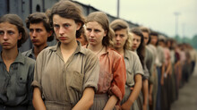 Representation Of A Women's Prison Camp In Central Europe In The 1940s. Women Prisoners In A Ukrainian War Camp Lined Up For Body Checks. Close-up Of Women Prisoners During The War.