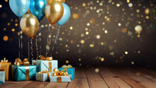 Golden And Blue Balloons Stand With Festive Present Boxes On A Wooden Floor On Sparkling Bokeh Lights Background