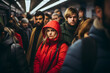 Girl in red clothes in the hood in a crowd of people on a subway station platform.