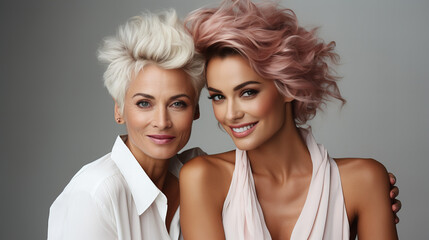 senior woman and young lady with hair colouring in blond, spa beauty salon artist. beauty, cosmetics