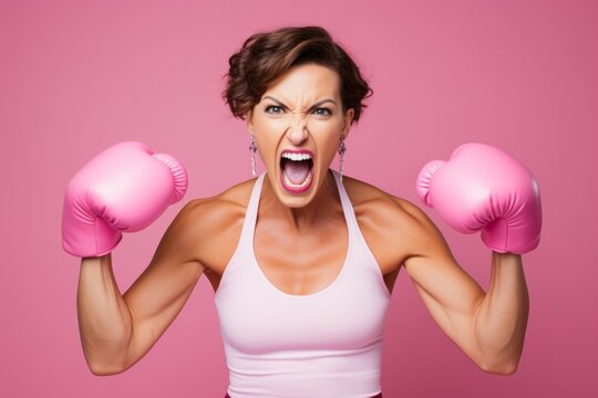 A Fight for Breast Cancer woman with symbol on pink background
