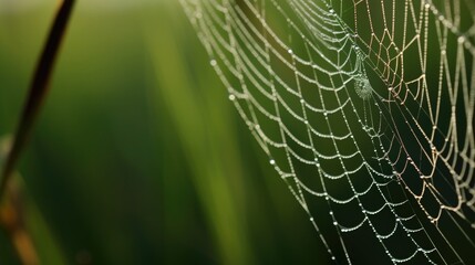 Macro shot of a spider web with dew, blurred green background early in the morning