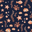 Seamless pattern of Anemonefish or Clownfish in orange, black and white color and starfish, marine coral, seaweed algae. Hand drawn watercolor background of sea fish for nursery, wallpaper, textile.