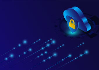 Leinwandbilder - Database server cloud network isometric background. Data security modern concept. A transparent shield of the Cloud database from virus attacks and hackers. vector illustration.