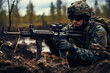Portrait of a fighter of a special unit shoots from a machine gun or rifle