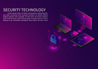 Leinwandbilder - Isometric network security information transfer background. Data security modern concept. A transparent shield of the computer, phone, and laptop from virus attacks and hackers. vector illustration.