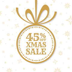 Wall Mural - 45% off. Xmas sale label, tag or icon. Christmas ball with bow and ribbon. Holiday discount banner. 45 percent price off sign or logo design with snowflake background. Vector illustration.