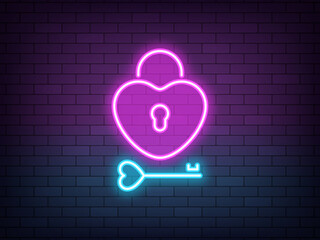 Wall Mural - Outline neon love lock, purple blue vector icon. Glowing neon heart lock with key and keyhole. Unlock love, open you heart. Fondness and feelings under lock. Key to passion, health and happiness