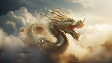 Chinese New Year, Year Of The Dragon, In The Sky Golden Dragon Rides Clouds And Mists,detail, High Quality, Masterpiece, 3d Render, Oc Render, Clean Background, Hd 