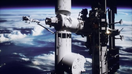 Wall Mural - spectacular panorama of the sun-kissed space station seen from a space probe revolving around the planet. elements furnished by NASA