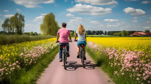 A Couple Riding Bicycles Down A Picturesque Country Lane Surrounded By Fields Of Flowers.