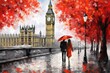 oil painting on canvas, street of london. Artwork. Big ben. man and woman under an red umbrella. Tree. England. Bridge and river, Generative AI 