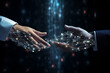 Hands of robot and human touching on big data network computer AI