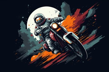 Wall Mural - An astronaut in a spacesuit rides a motorcycle in space.