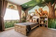 Encourage exploration with a safari tent bed, animal wall decals