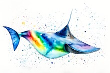 Rainbow Manta Or Sting Ray On White Background, Watercolor Illustration