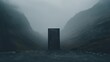 A lone door standing ajar on top of a giant mountain in a storm. Vast, empty, minimalistic, striking, simple, 