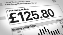 A Close-up View Of A British Household Utility Bills Rising. Increased Cost Of Living Concept. British Pound Sterling Version.  	