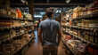 A man between rows in a store making a choice. Back view. Generate Ai