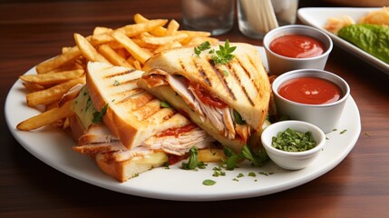 Wall Mural - Pressed club sandwich with chicken, tomato, and cheese. Generative Ai.