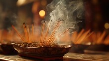 Incense Is Flourishing In The Buddhist Temple, Where Monks Are Chanting Sutras, Side View, Depth Of Field Control Method, Impressionism,