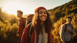 Group of young multi ethnic teenagers hiking and enjoying nature at golden hour, showcasing the active healthy lifestyle