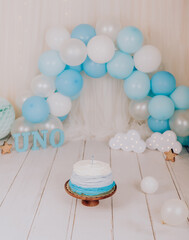 letter c ma simple birthday smashcake photo background in a photo studio for a photo session of a one year old childade from wood and flowers