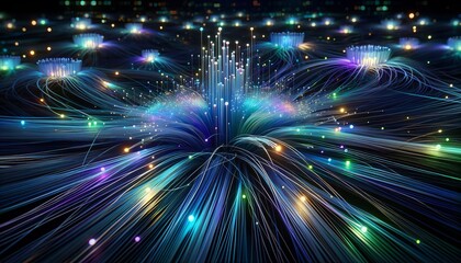 Aufkleber - Abstract futuristic, Network connection fiber optic, Transmission line, hop to hop delivery, node to node, Abstract concept of network technology. Generative AI