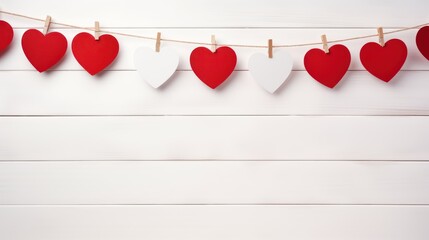 Wall Mural - Red heart string of hanging line against white wood tree, in the style of repetitive, 