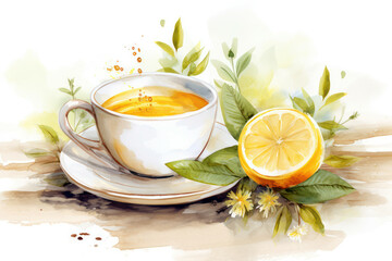 Wall Mural - White tea hot lemon herbal leaf green drink herb cup nature beverage healthy background