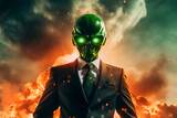 Dramatic illustration: A green alien in a classic black suit stands amidst a nuclear explosion, creating a surreal and attention-grabbing visual concept.





