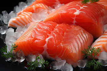 Wall Mural - fillet of red fish on ice. butchered fresh pieces of fish in close-up.