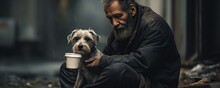 Portrait Of Old African American Homeless Man Sitting On Street And Eating With His Hungry Dog. 