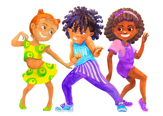 Multicultural school age children dancing and having fun together. Watercolor illustration for kids dancing party design, invitations, posters