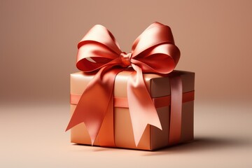  gift box with a satin ribbon and bow on peach fuzz color background. Color of the year 2024 concept.