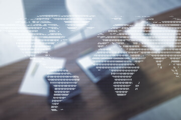 Wall Mural - multi exposure of abstract creative digital world map and modern desktop with computer on background