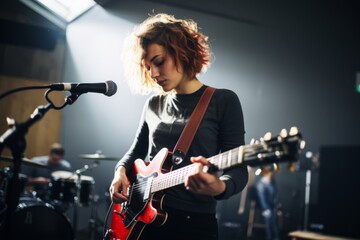 A rockstar girl with short blonde and red hair, rock and roll on the stage, singing in front of microphone, wearing black leather jacket, realistic beautiful portrait, Generated by AI