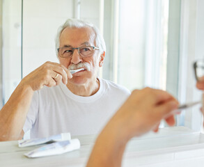 Wall Mural - man tooth bathroom toothbrush hygiene senior morning routine brushing toothpaste care dental elderly