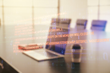 Wall Mural - multi exposure of abstract creative coding sketch on modern laptop background, artificial intelligen