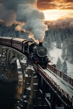 Historic Steam Locomotive. Old Vintage Red Train Ride In The Snowy Forest In North Pole. Fairy Tale Winter Landscape. Retro Aesthetic. Christmas And New Year Concept. Design For Banner, Card, Poster