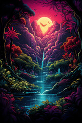 Neon Tropica  silhouette of mountains, trees and birds Sunset Poster and Wallpaper - Generative AI Illustration