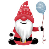 Fototapeta Kuchnia - A gnome wearing a red Santa suit stands and smiles. and holding a blue balloon.