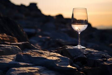 A glass of red and white wine on the rock stone at sunset lighting, col minimal wallpaper, generated by AI.