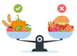 Choice between healthy and unhealthy food concept. Vector design graphic illustration