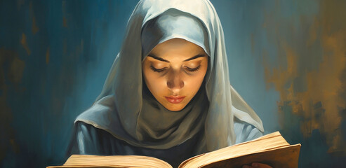 Wall Mural - A woman prays and reads the Bible. Holy day of Easter. Bible study. Woman in church.