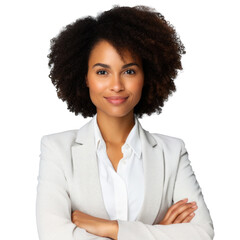 Portrait of confident black woman with crossed arms on her chest looking at camera. Smiling african american businesswoman isolated on transparent background.