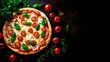 Delicious tasting Italian pizza with mozzarella cheese, cherry tomatoes and basil on top. resting on a black table, framed by cherry tomatoes and basil leaves seen from above. copy space