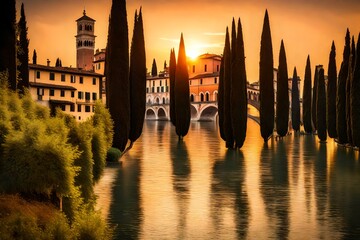 Wall Mural - sunset over the river